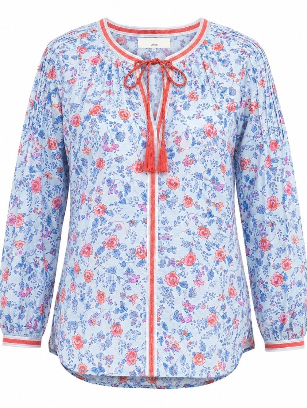 JOULES | Yolanda Floral Cotton Linen Peasant Blouse Tie Neck Boho Blue‎ | L